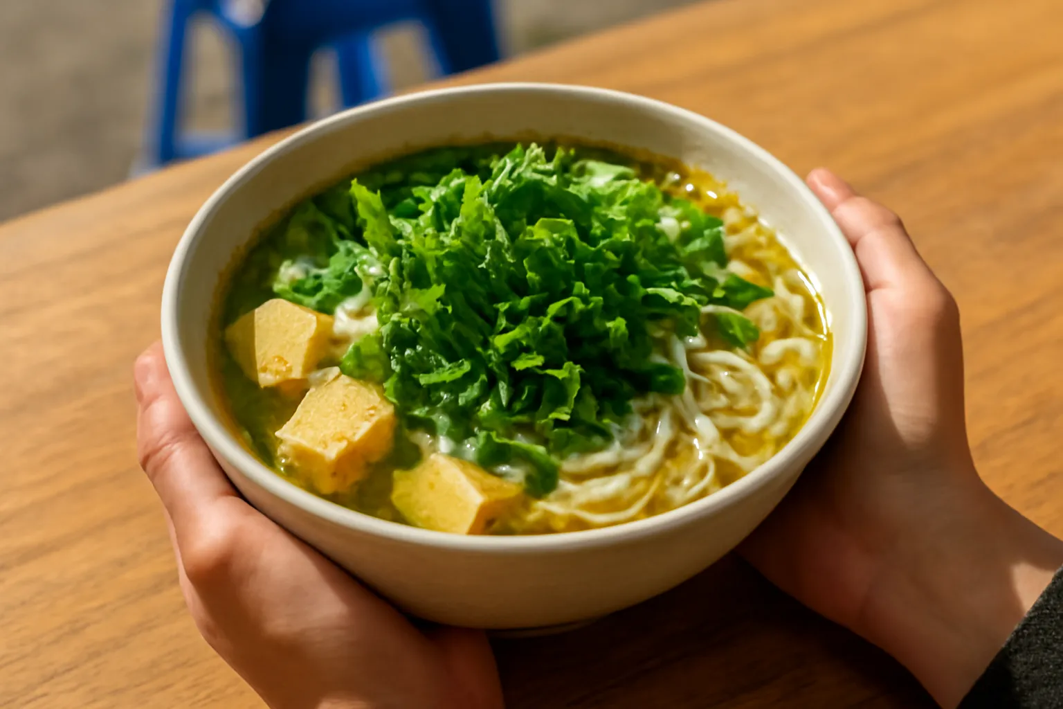 Đôi tay cầm tô bún chay nhiều rau xanh trên bàn gỗ quán nhỏ