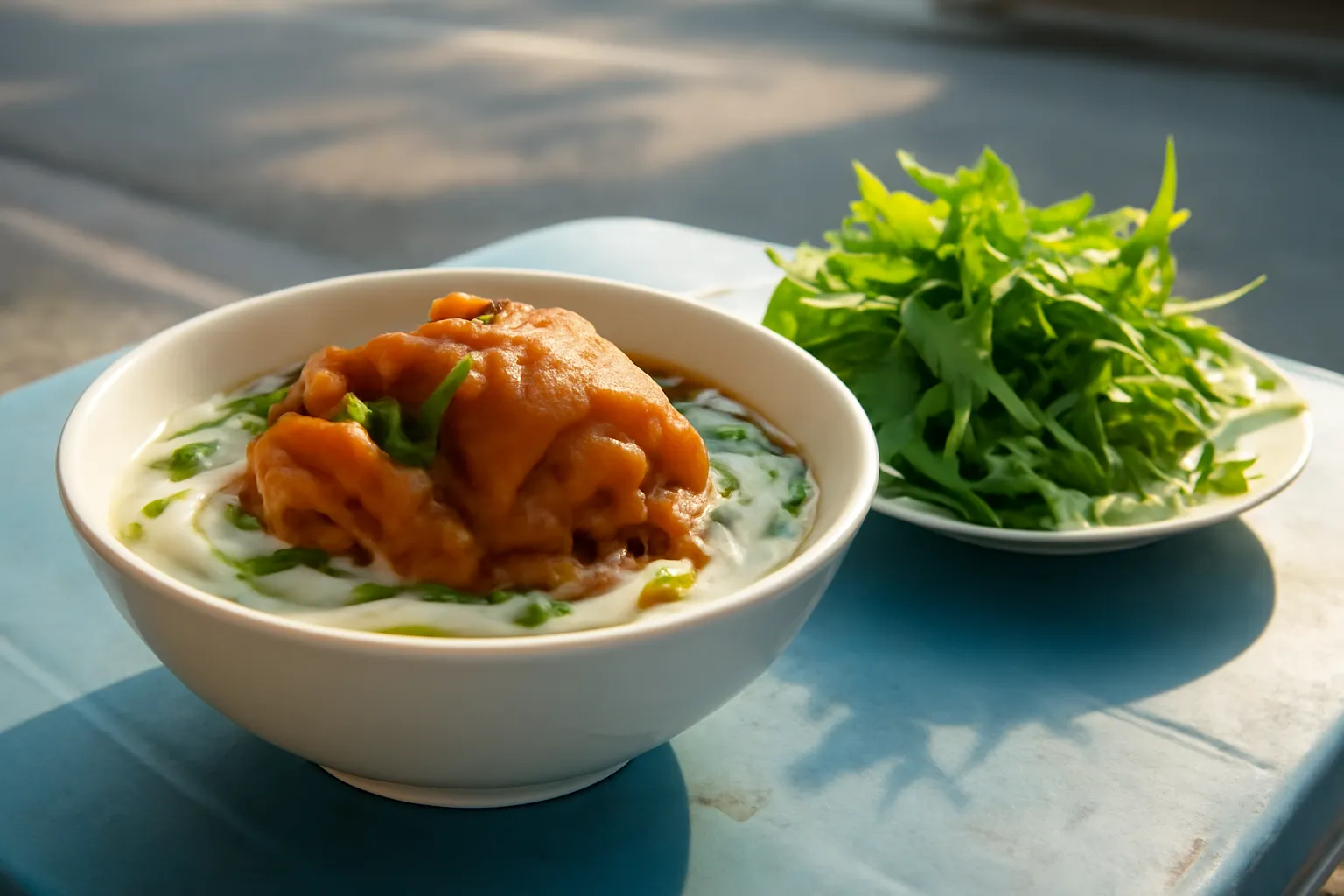 Tô bánh canh sợi trắng với rau sống trên bàn quán ven đường buổi sáng