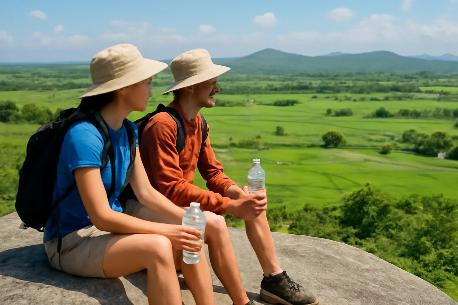 Hai người đội nón ngồi nghỉ trên phiến đá, nhìn xuống đồng bằng bên dưới