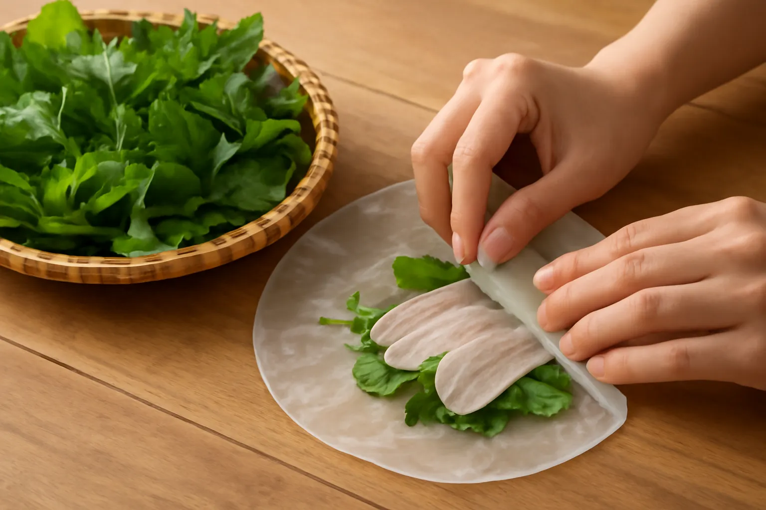Bàn tay cuốn bánh tráng phơi sương với thịt luộc và rổ rau rừng trên bàn gỗ