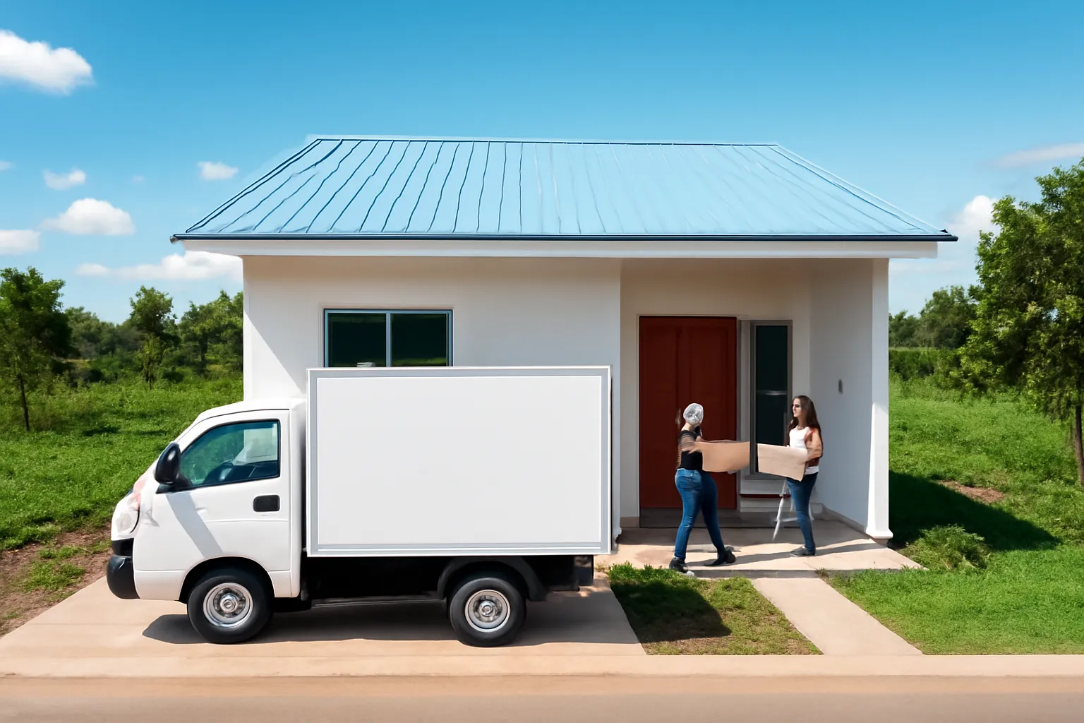 Xe tải nhỏ đậu trước căn nhà mái tôn mới, hai người khiêng thùng carton vào nhà