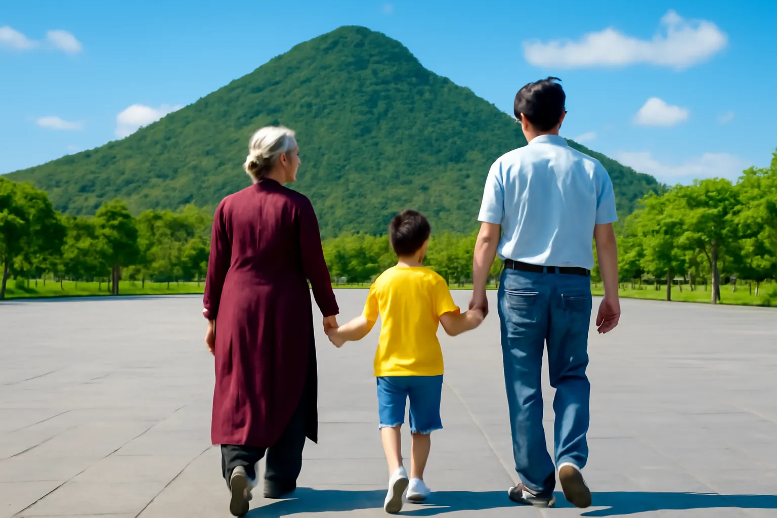 Gia đình ba thế hệ đi trên quảng trường đá dưới chân núi Bà Đen, chụp từ sau