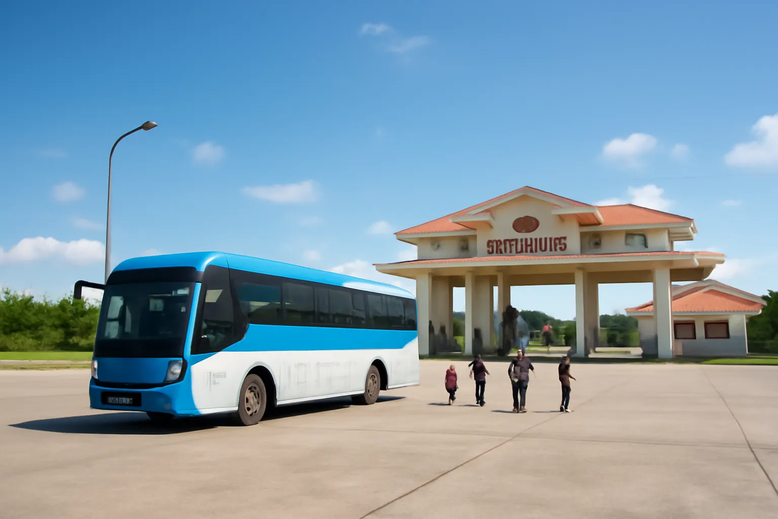 Xe khách đường dài đỗ trên bãi rộng cạnh khu cửa khẩu, hành khách xuống xe