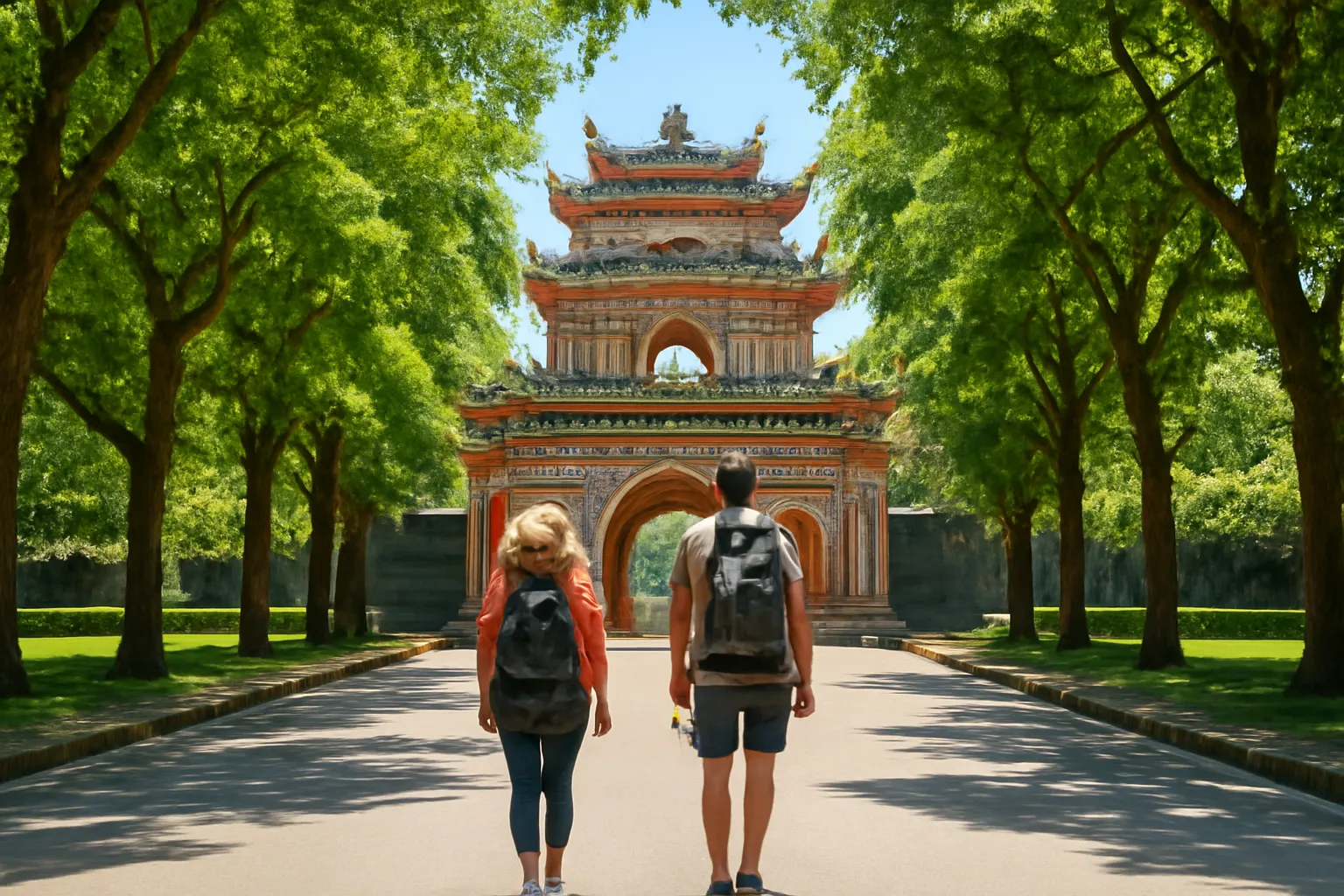 Hai du khách đi trên đại lộ rợp cây dẫn về cổng Tòa Thánh