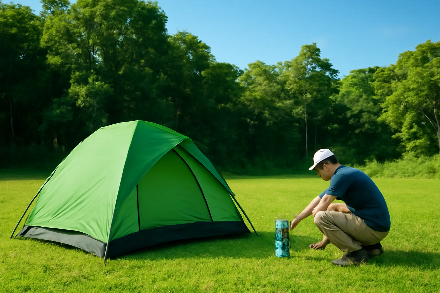Lều xanh dựng trên bãi cỏ ven rừng, người cúi bên bếp gas nhỏ nấu nước