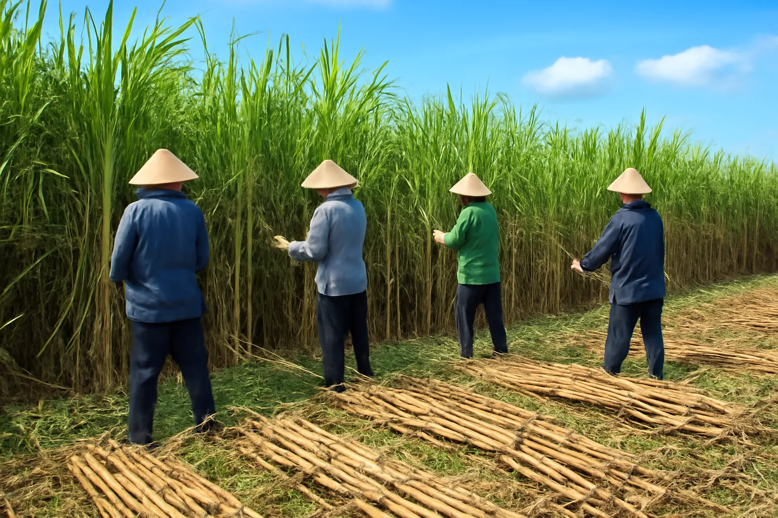 Nhóm người đội nón đốn mía trên cánh đồng mía cao, bó mía xếp thành hàng