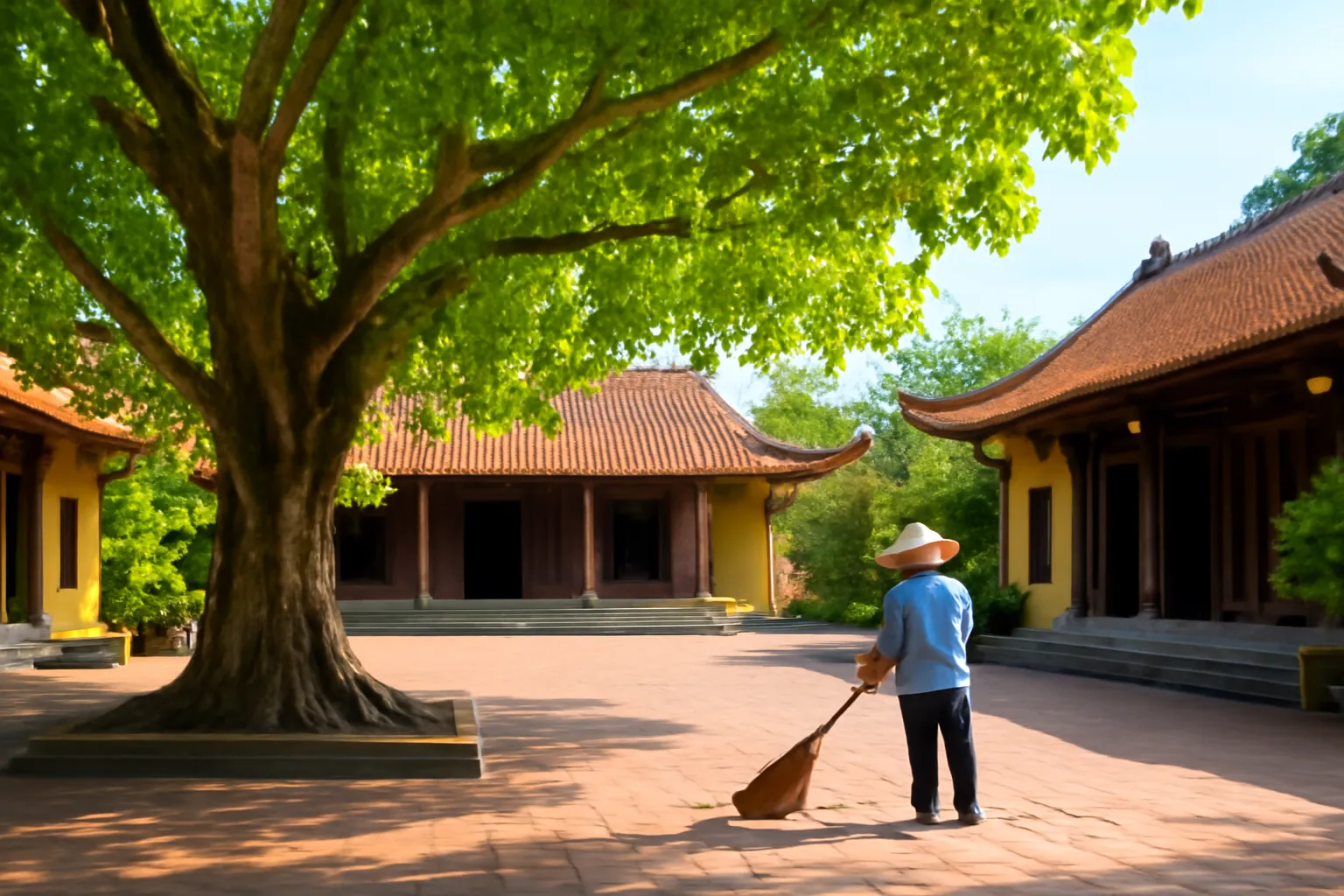 Sân chùa có cây bồ đề lớn, một người quét lá ở phía xa