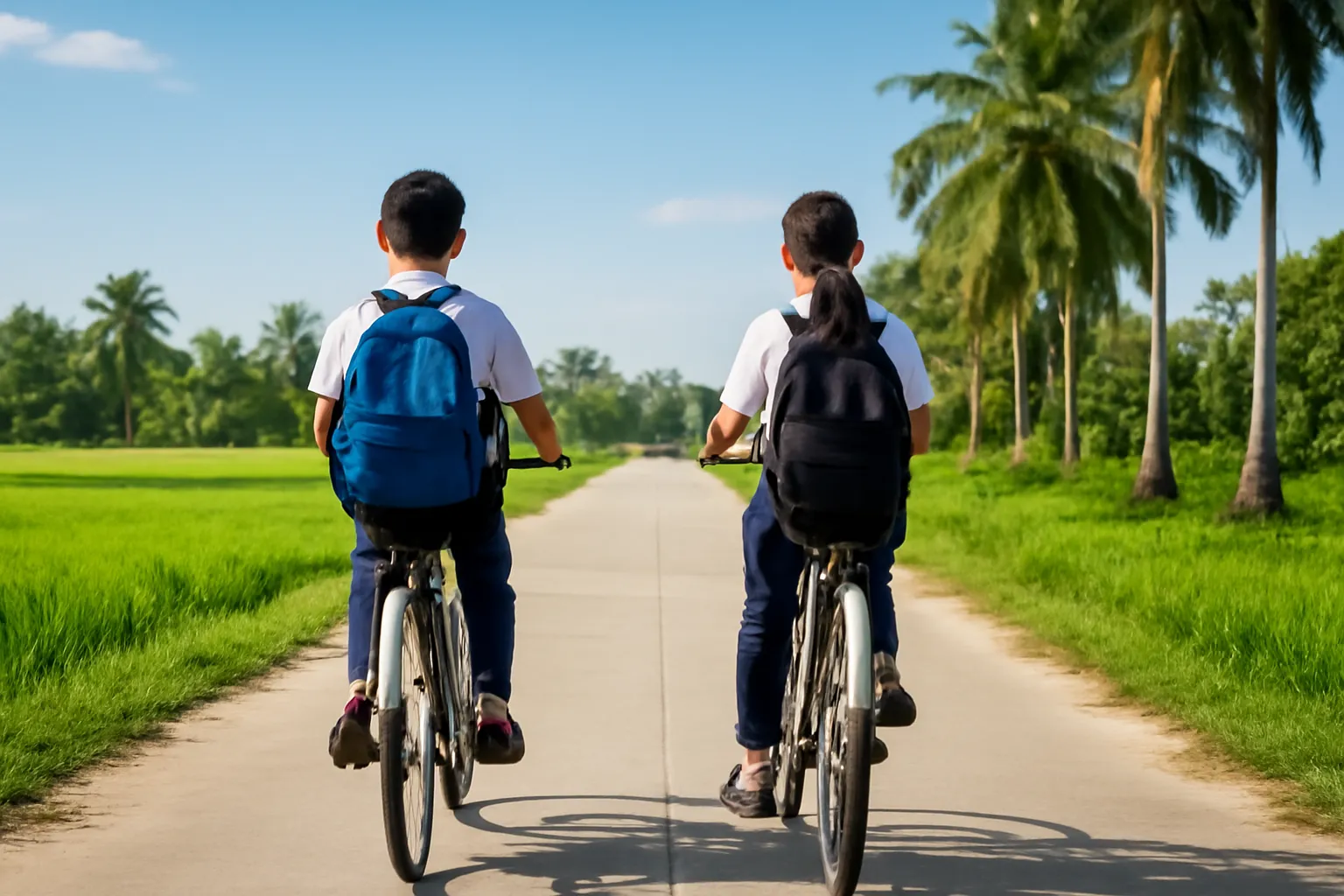 Hai học sinh áo trắng đạp xe trên đường làng buổi sáng, cặp sau lưng