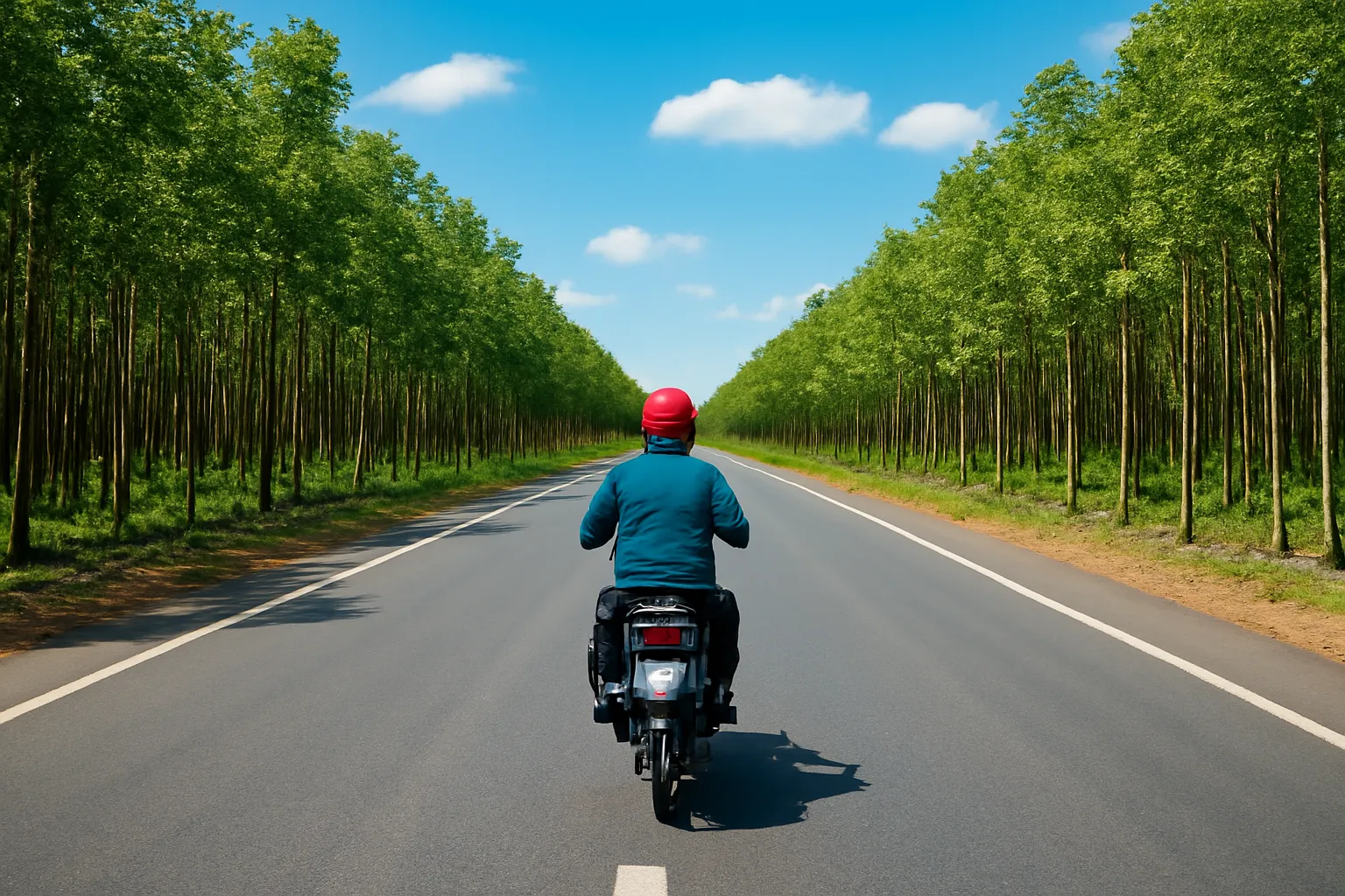 Người đi xe máy trên quốc lộ thẳng giữa hai hàng cao su