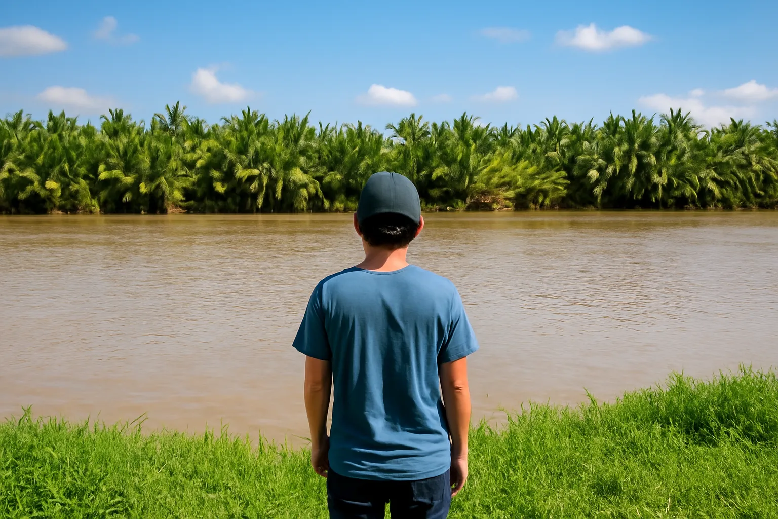 Người đứng trên bờ sông rộng nhìn ra con nước vào buổi trưa trong