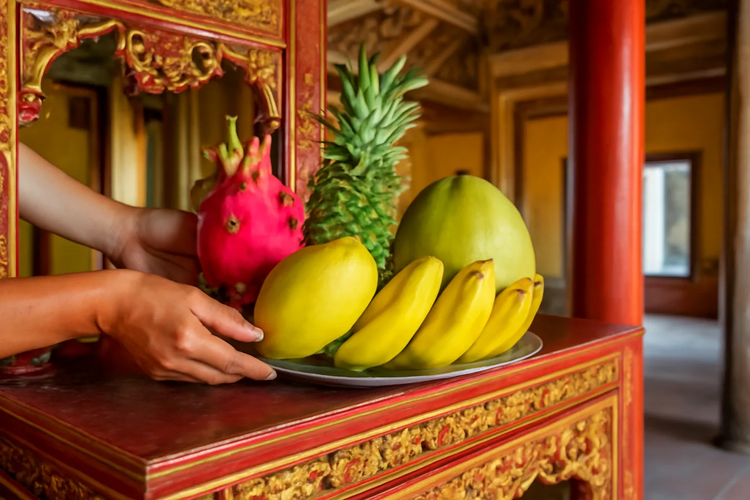 Đôi tay bày mâm trái cây lên bàn thờ gỗ chạm trong đình làng