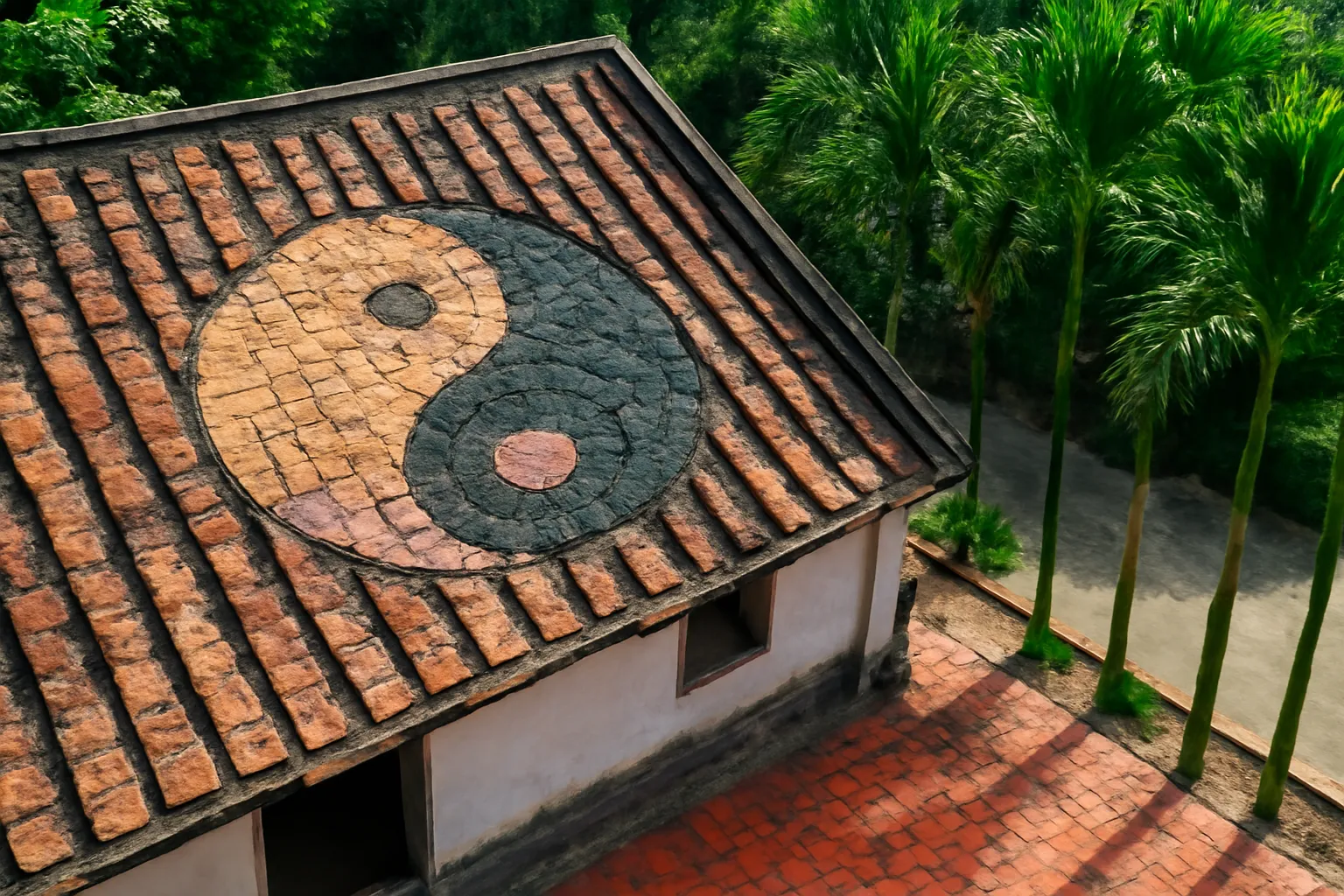 Mái ngói âm dương phủ rêu nhẹ nhìn từ trên cao, sân gạch và hàng cau