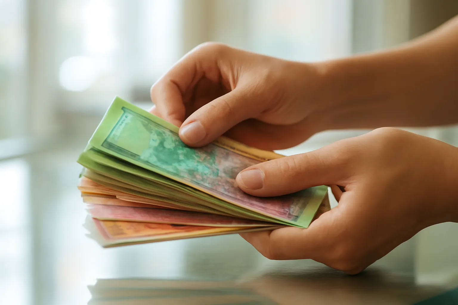 Hai bàn tay đếm xấp tiền giấy nhiều màu trên mặt quầy kính