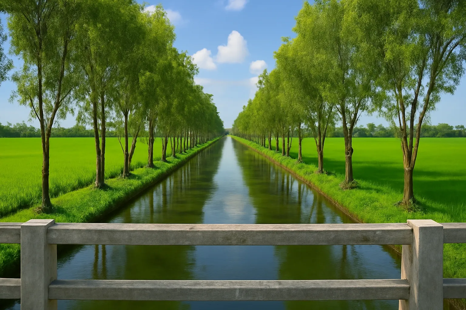 Con kênh thẳng giữa đồng lúa xanh, hai bờ hàng tràm, nhìn từ trên cầu