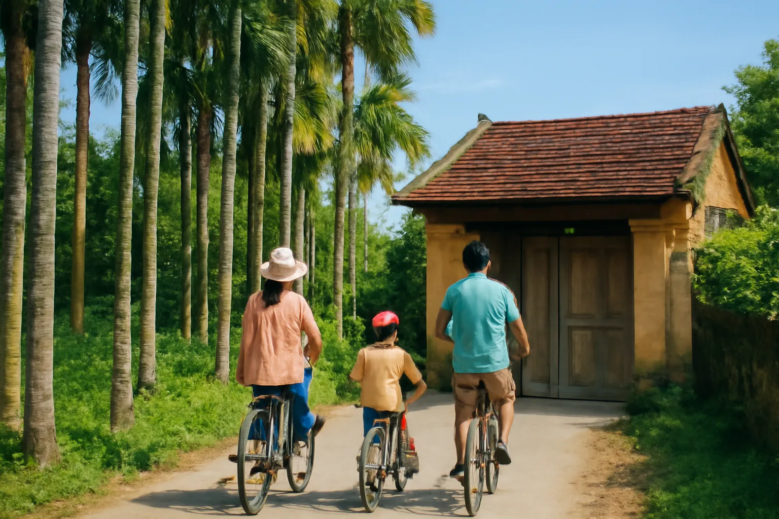 Gia đình ba người đạp xe qua cổng nhà cổ có hàng cau hai bên
