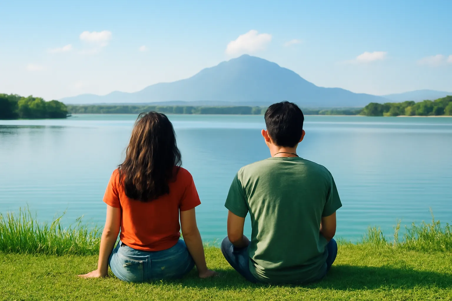 Hai người ngồi trên bãi cỏ ven hồ Dầu Tiếng nhìn mặt nước rộng lúc chiều