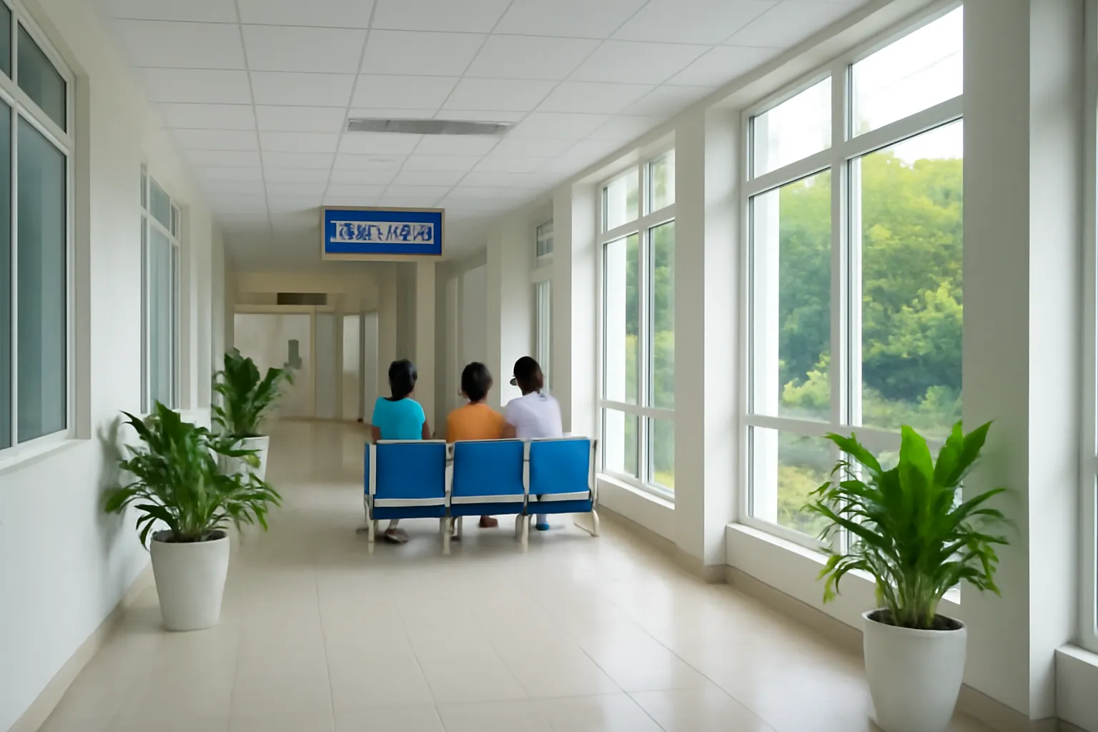Hành lang bệnh viện sáng sủa, người nhà ngồi ghế chờ nhìn từ phía sau
