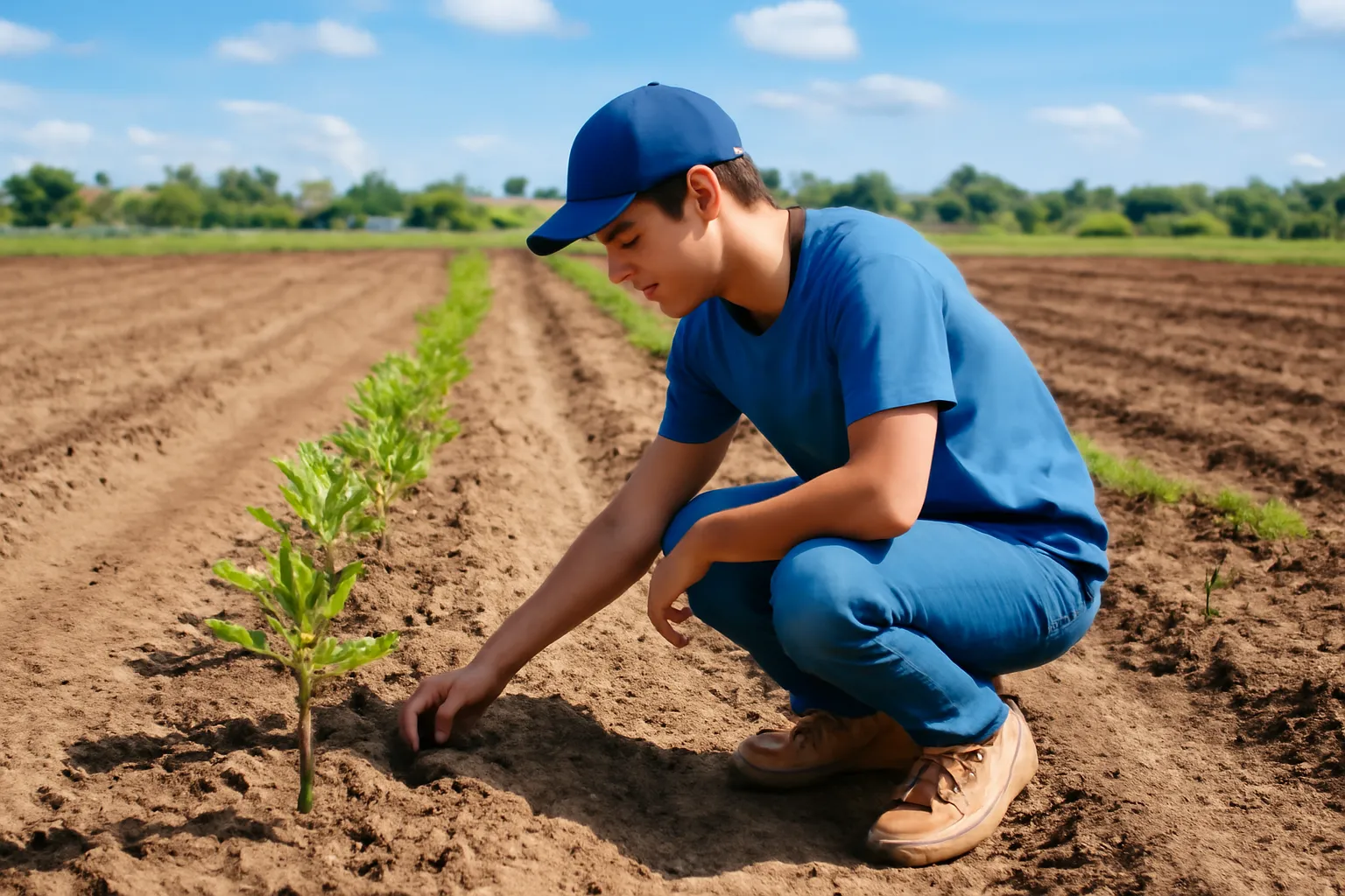 Người trẻ đội mũ ngồi xổm xem đất bên hàng cây non mới trồng ngoài ruộng