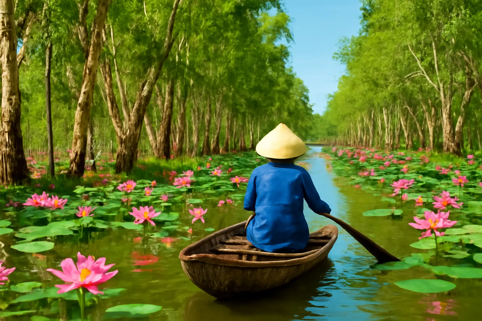 Xuồng ba lá len giữa hàng tràm và thảm sen, người chèo đội nón lá phía sau