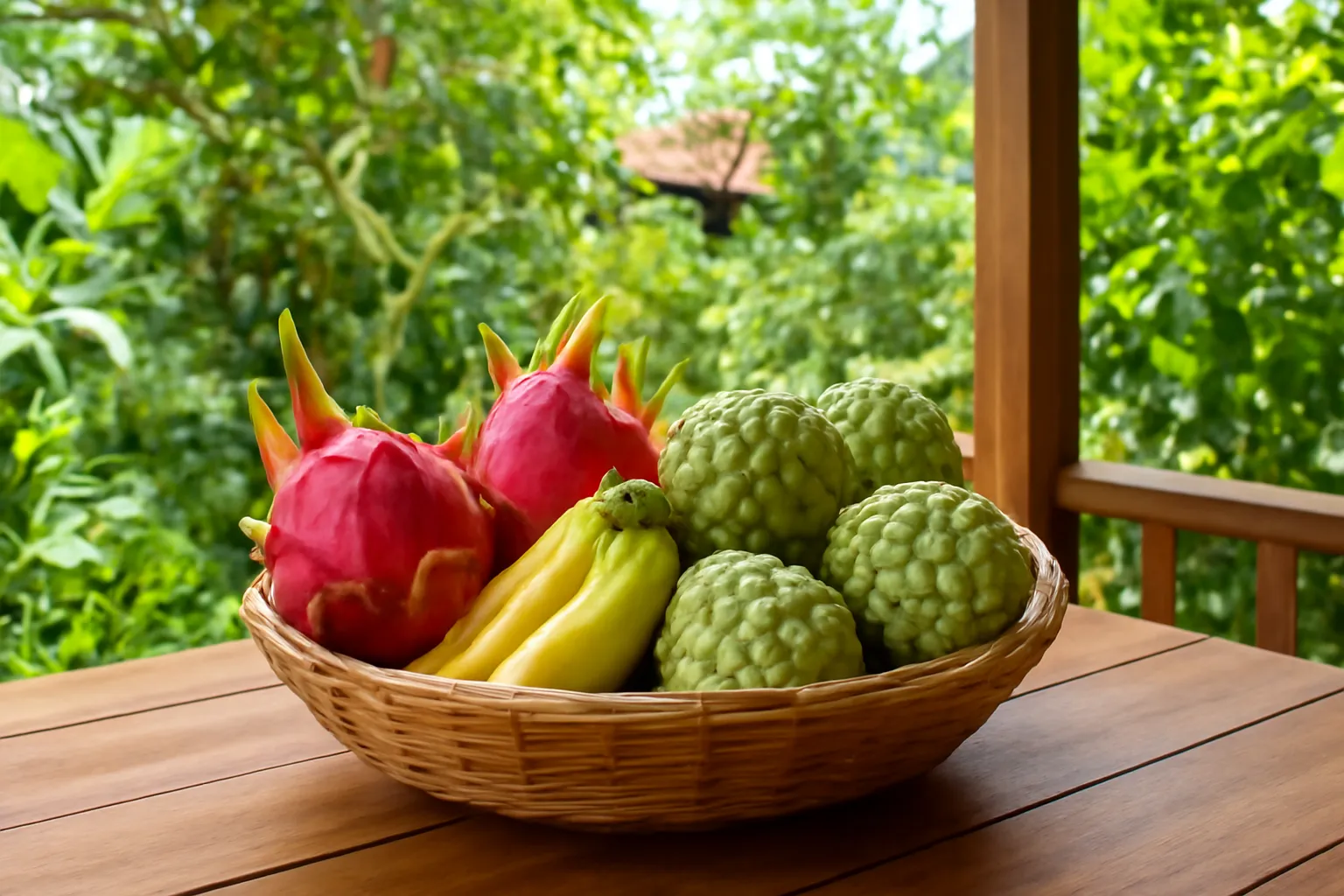 Giỏ tre đầy thanh long đỏ, mãng cầu xanh và chuối đặt trên bàn gỗ hiên nhà vườn