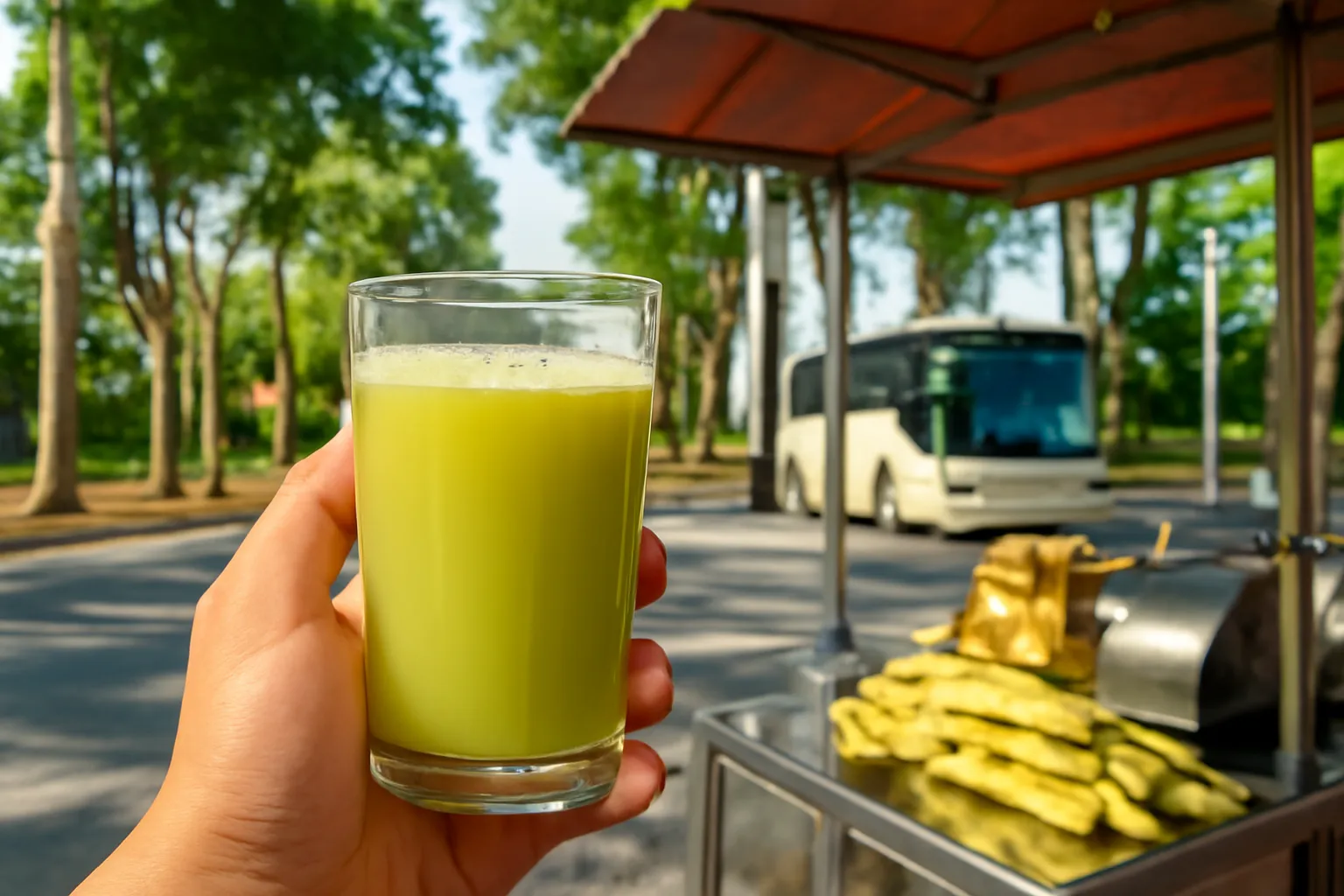 Bàn tay cầm ly nước mía ở quầy ven đường, phía sau là hàng cây