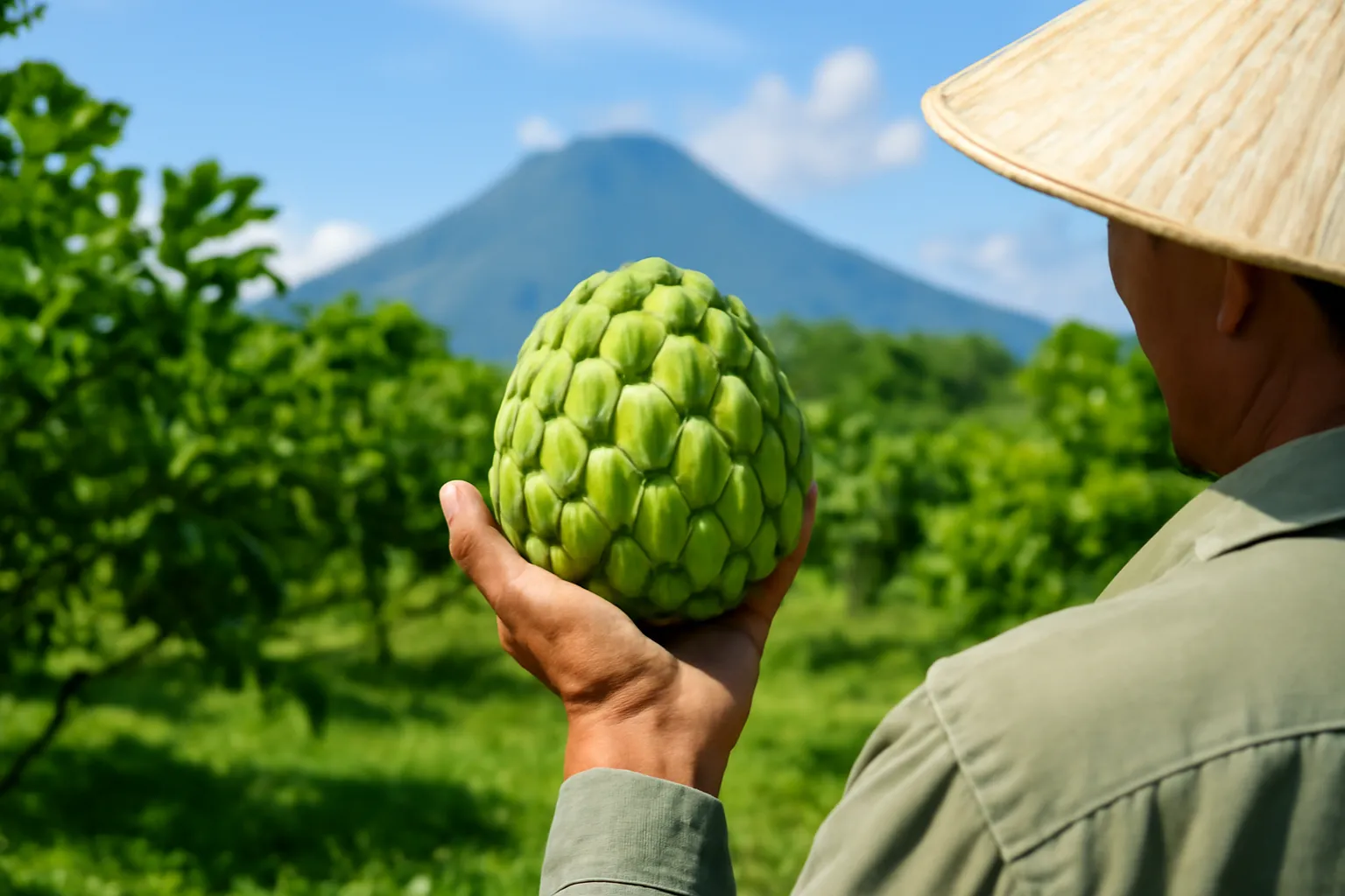 Bàn tay nâng trái mãng cầu mắt to trong vườn, núi mờ phía sau