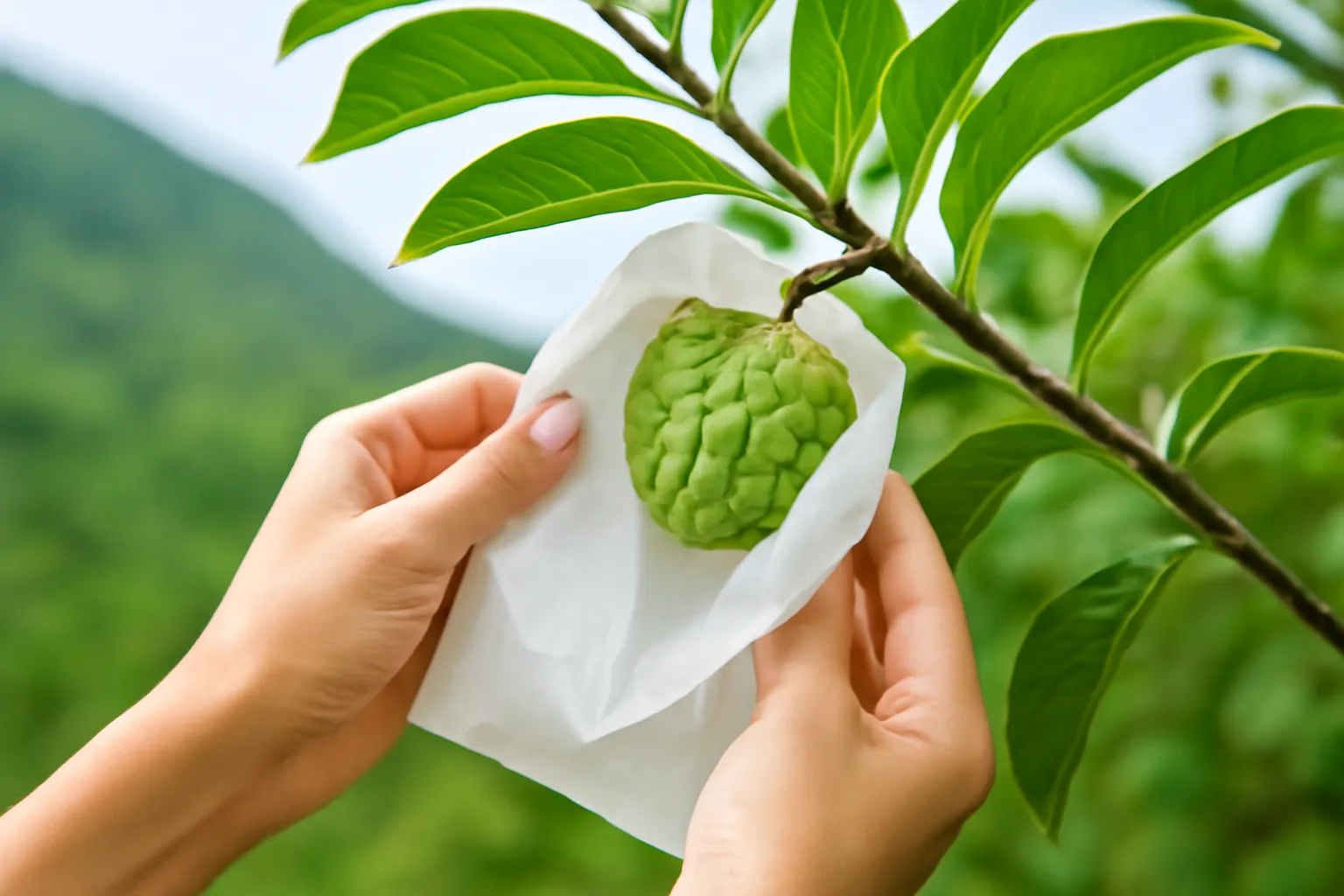 Bàn tay bọc túi giấy trắng cho trái mãng cầu non, phía xa là sườn núi xanh