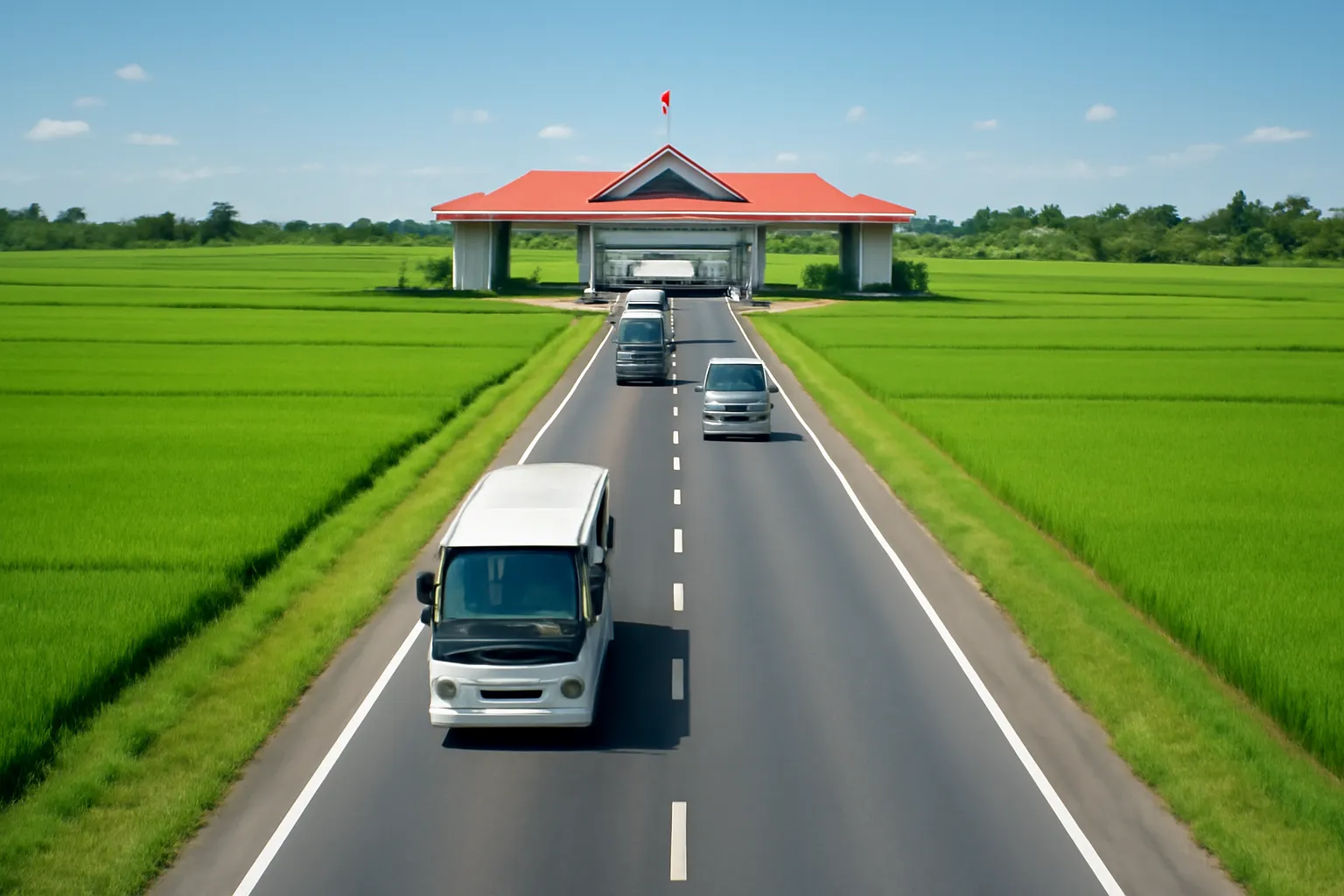 Quốc lộ thẳng giữa đồng ruộng dẫn tới khu cửa khẩu biên giới mái lớn