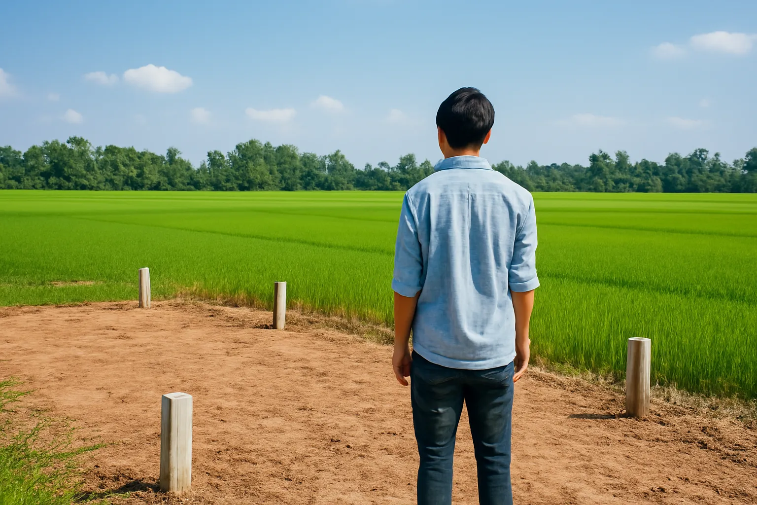 Người đứng cạnh mảnh đất trống có cọc mốc bê tông, nhìn ra cánh đồng phía xa