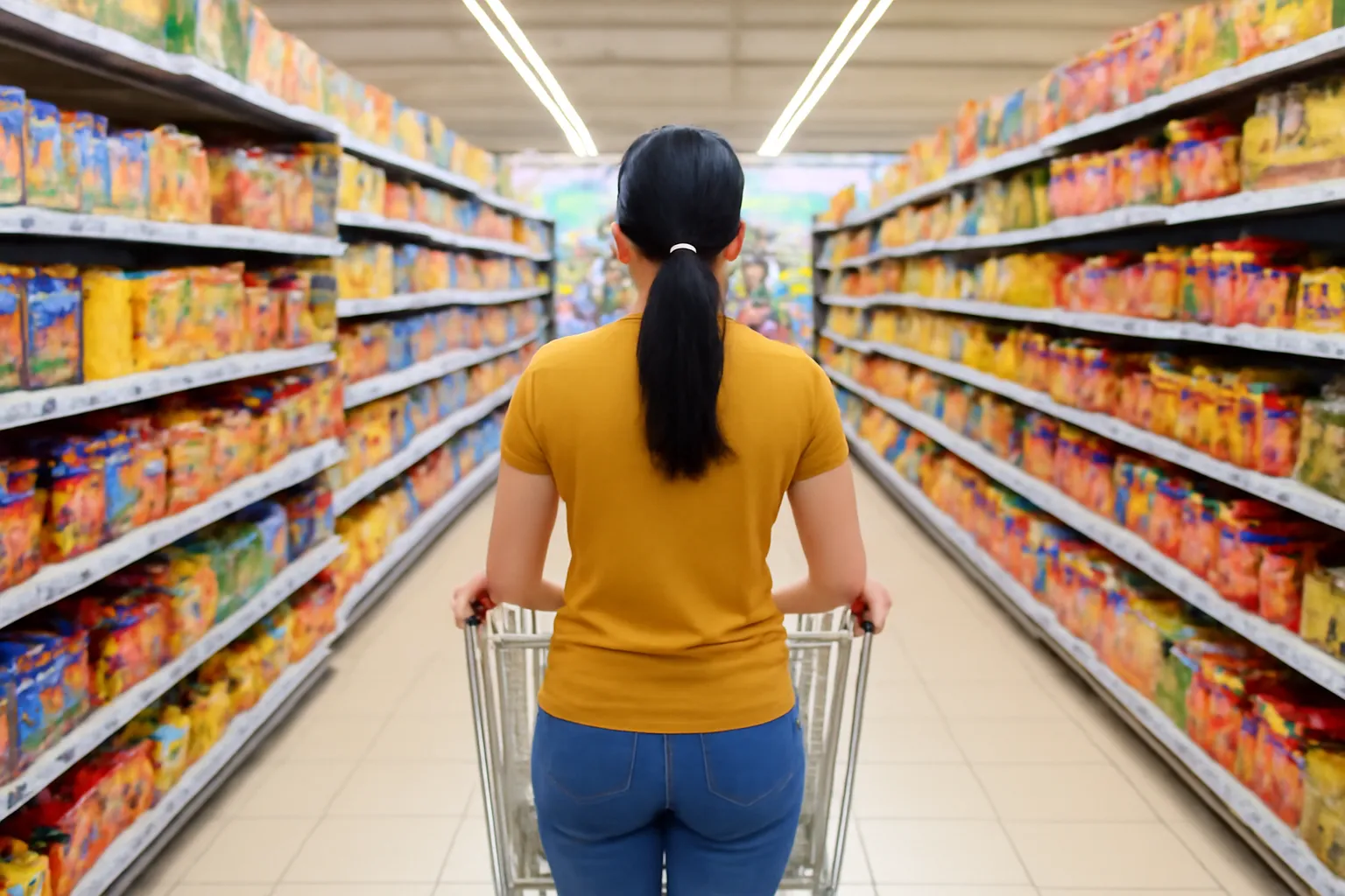 Người phụ nữ đẩy xe mua hàng trong siêu thị rộng sáng ở khu cửa khẩu