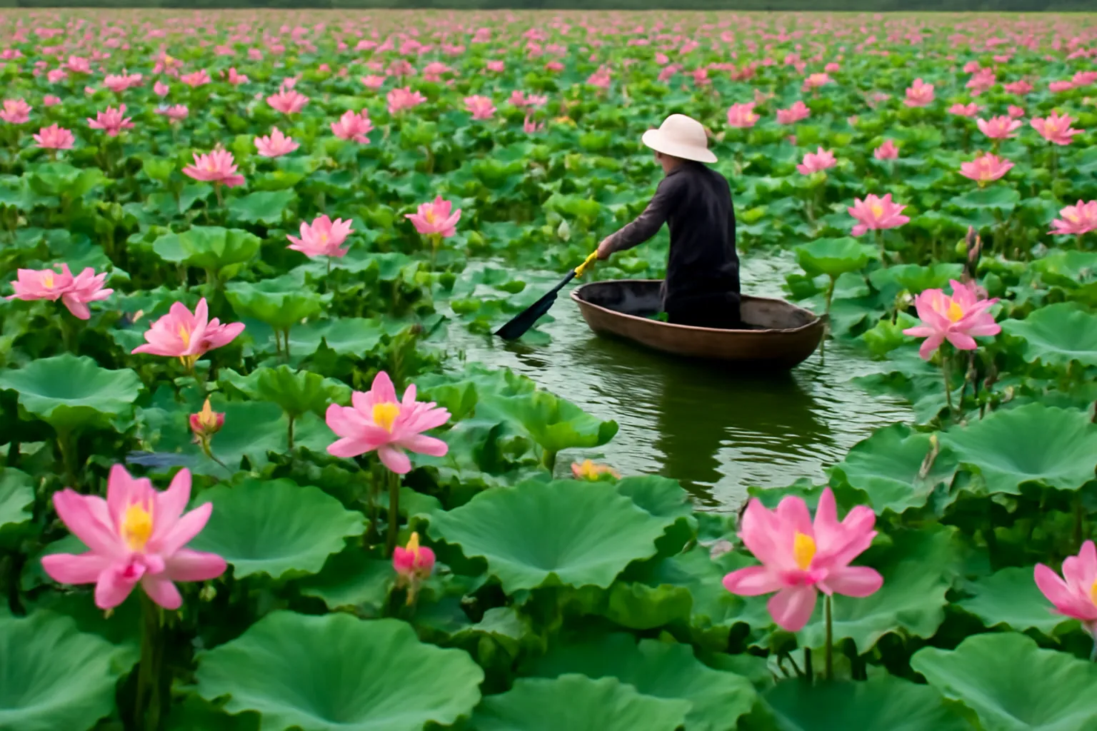 Cánh đồng sen hồng mùa mưa, người đội nón lá chèo xuồng phía xa
