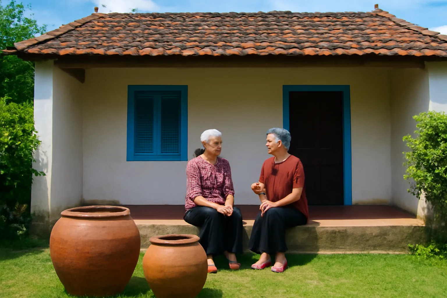 Hai bà cụ ngồi trò chuyện dưới hiên nhà mái ngói, sân có chum nước