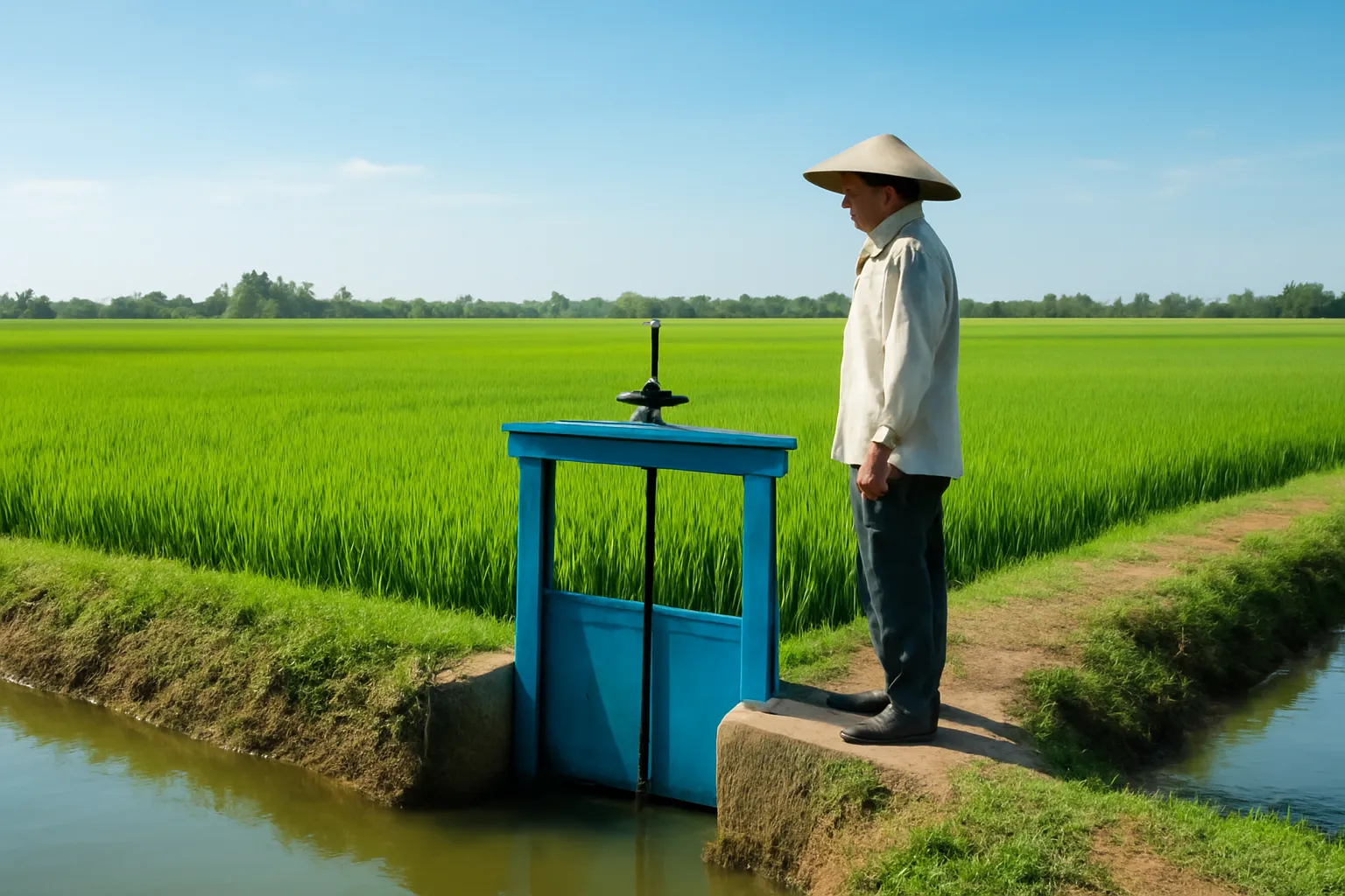 Nông dân đứng trên bờ kênh nhìn cống nhỏ đóng kín, phía sau là ruộng lúa xanh
