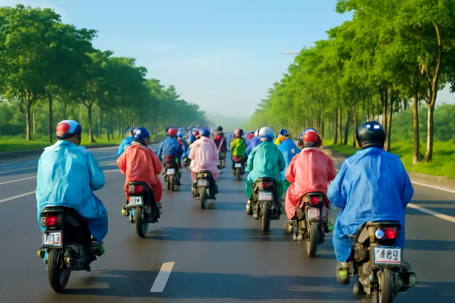 Dòng xe máy buổi sáng sớm trên quốc lộ, người lái mặc áo mưa mỏng chụp từ phía sau