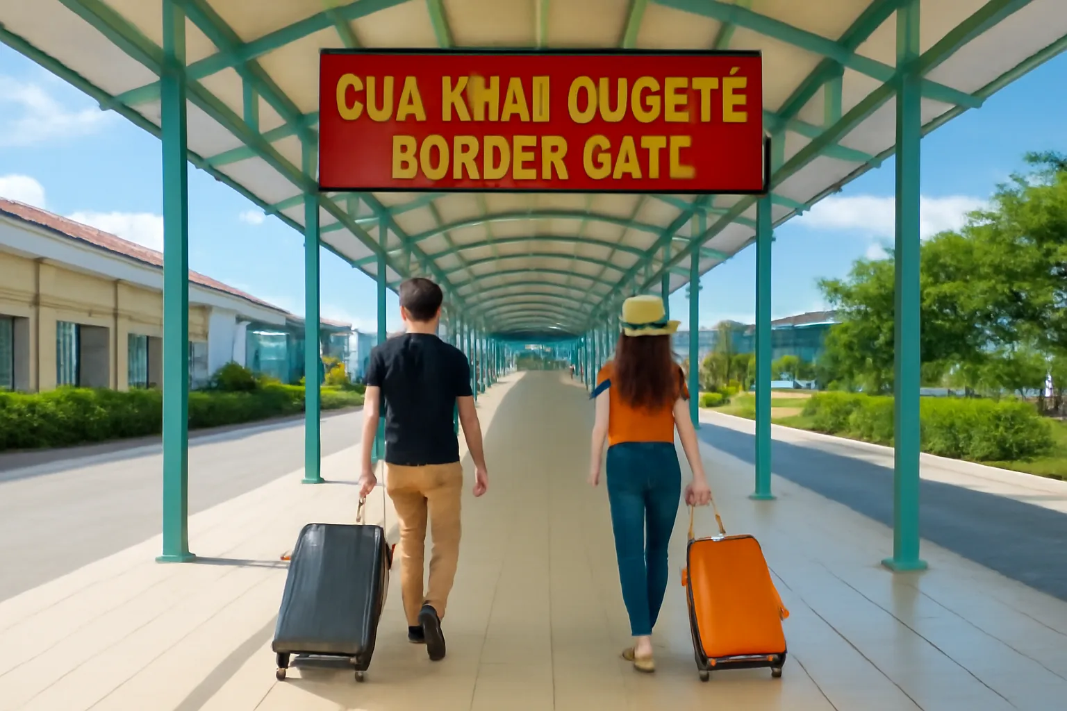 Du khách kéo vali đi dưới mái che dài của khu kiểm soát cửa khẩu Mộc Bài