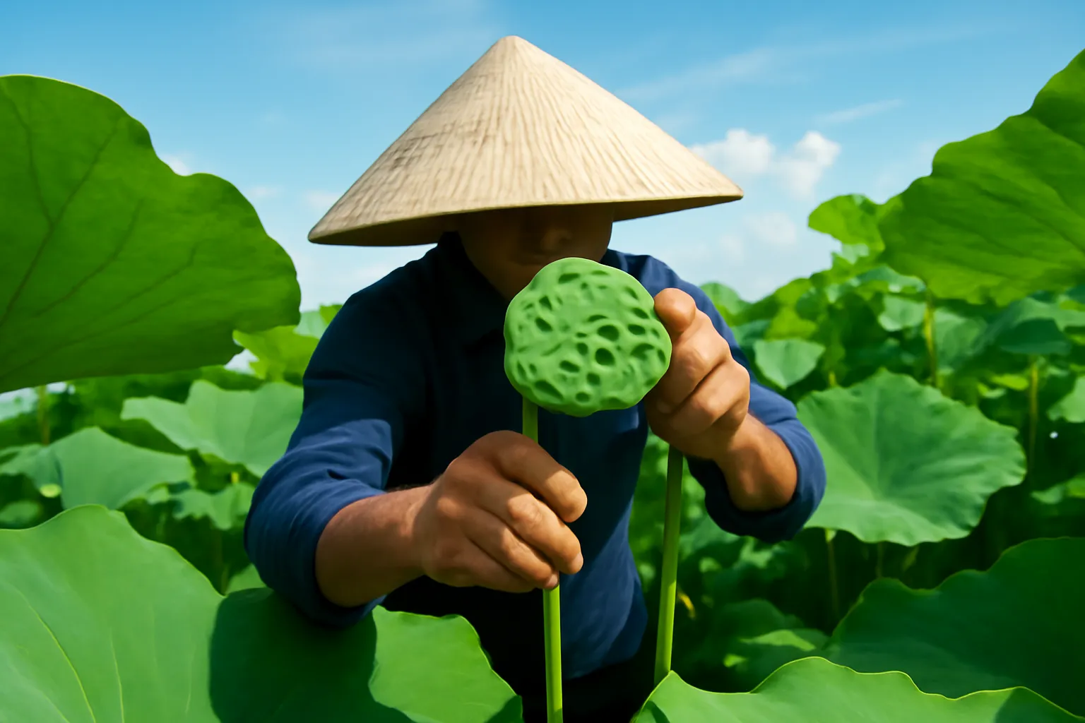 Bàn tay người hái bẻ gương sen giữa ruộng sen xanh, đội nón lá