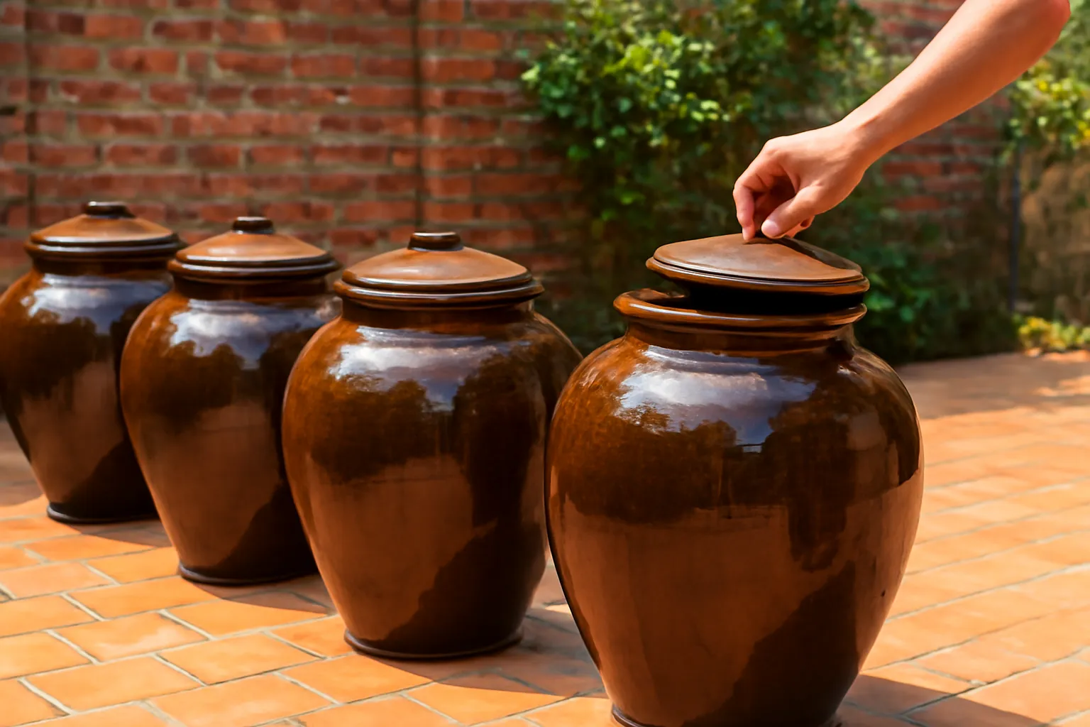 Dãy chum sành trong sân gạch đầy nắng, bàn tay mở nắp một chum rượu