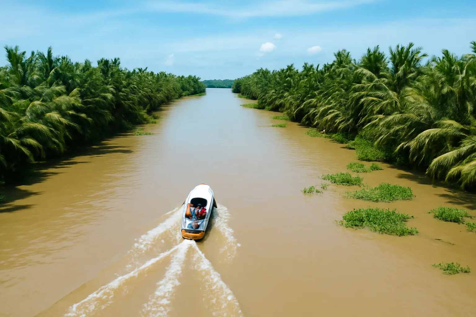 Ghe máy nhỏ chạy trên dòng sông rộng màu phù sa, hai bờ dừa nước xanh