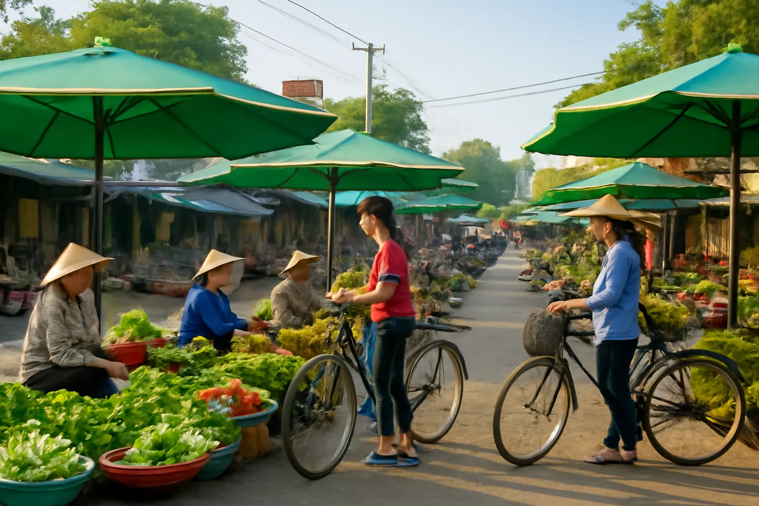 Chợ quê buổi sáng, người bán rau dưới những chiếc dù xanh