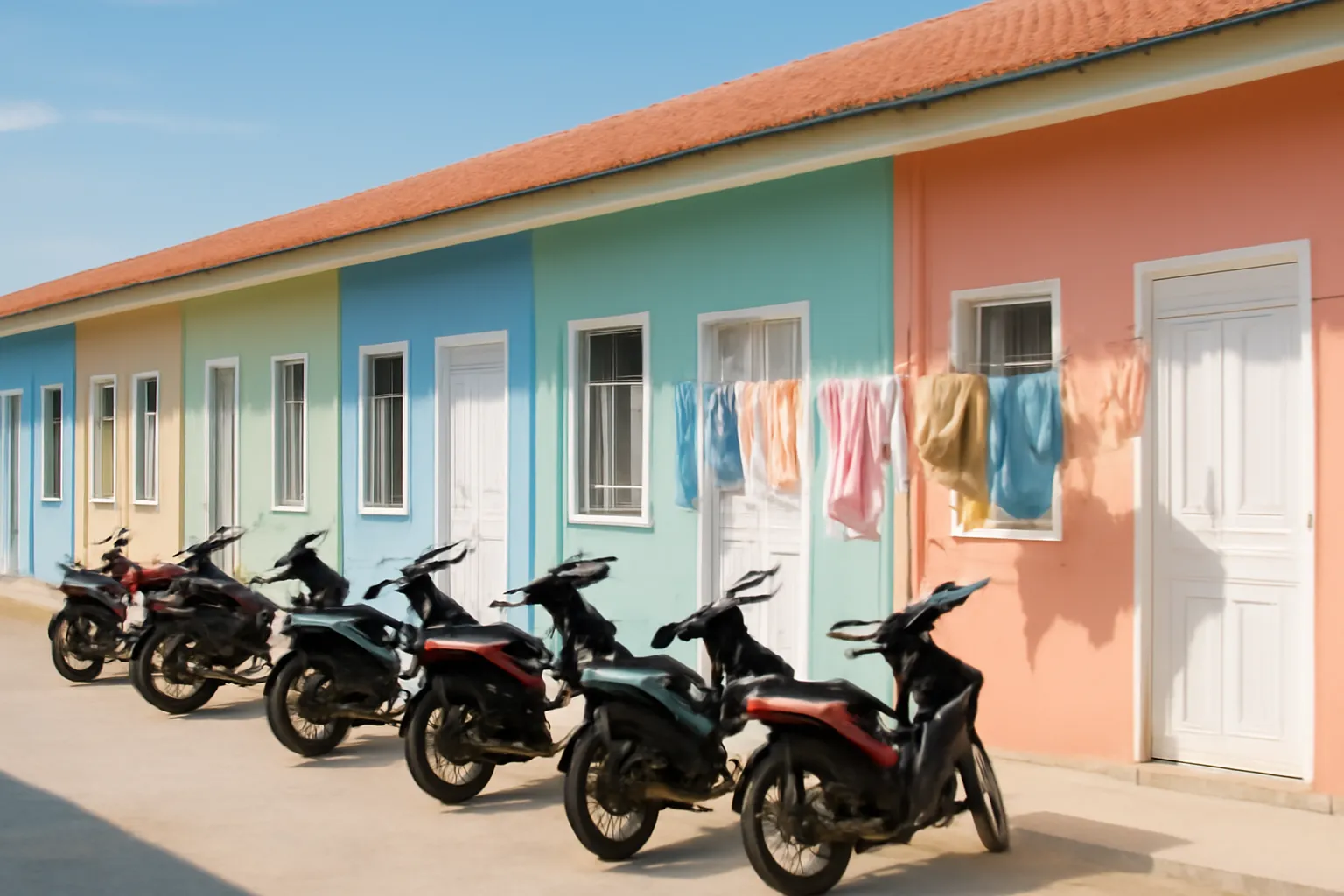 Dãy phòng trọ mới sơn sáng màu, xe máy dựng thành hàng, quần áo phơi dưới nắng chiều