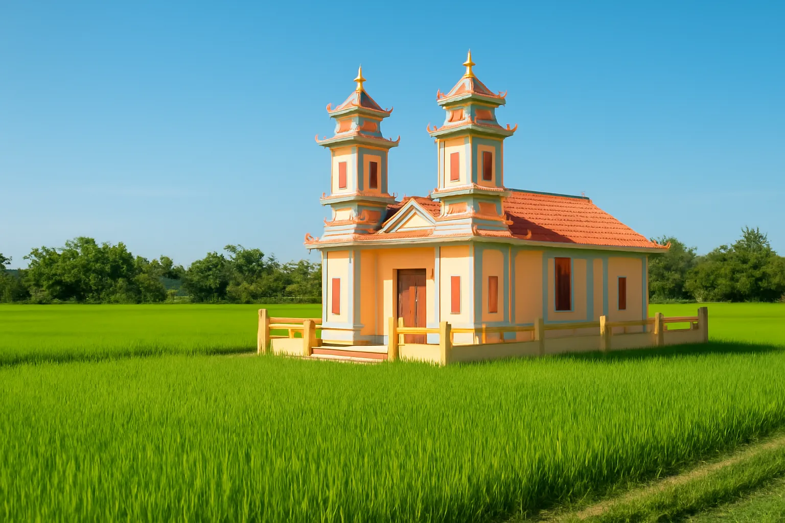 Thánh thất Cao Đài nhỏ màu nhạt giữa ruộng lúa xanh ở vùng quê