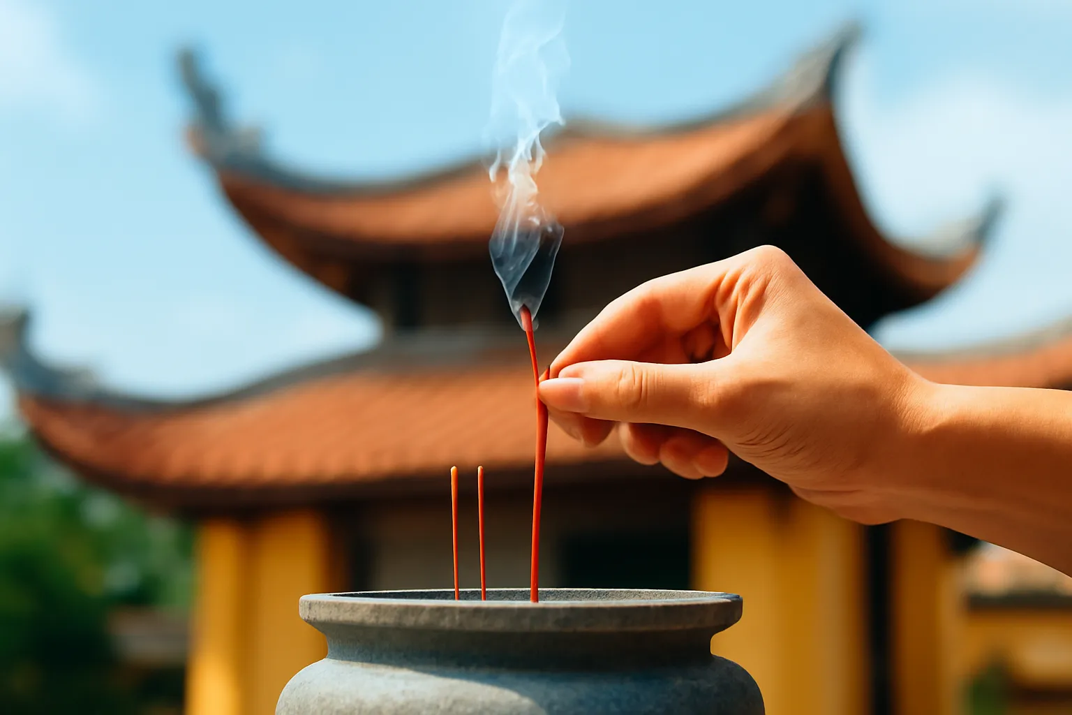 Bàn tay cắm nén nhang vào lư hương đá, mái chùa cong mờ phía sau